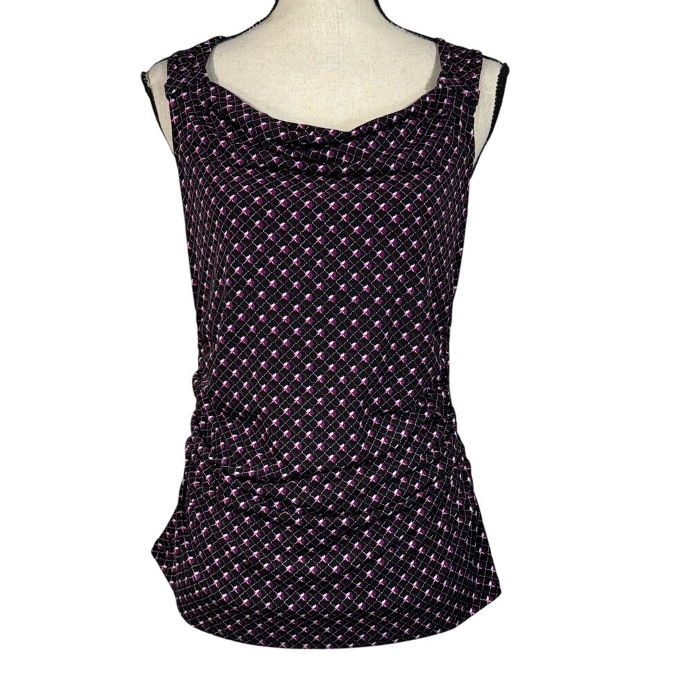 WHBM Small Top Geometric Sleeveless Stretch Draped Neck Ruched Sides Purple